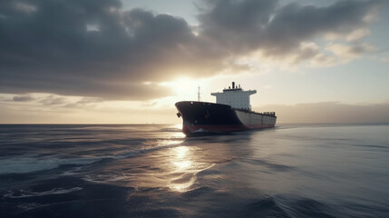 A wide-lens view of a huge shipping cargo ship in the open sea. The ship is carrying a commercial container to a predetermined destination. The ocean looks calm and the weather is good