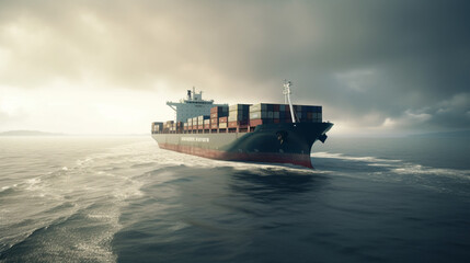 A wide-lens view of a huge shipping cargo ship in the open sea. The ship is carrying a commercial container to a predetermined destination. The ocean looks calm and the weather is good