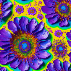Colorful Psychedelic Seamless Impasto Flowers, 3d Flowers