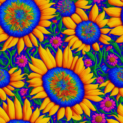 Colorful Psychedelic Seamless Impasto Flowers, 3d Flowers