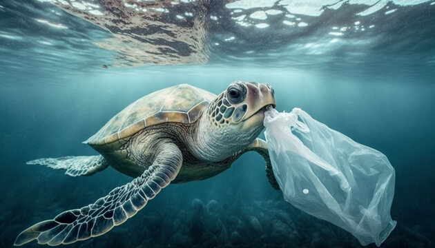 Plastic Pollution In Ocean - Turtle Eat Plastic Bag - Environmental Problem 