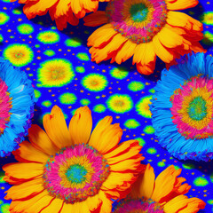 Colorful Psychedelic Seamless Impasto Flowers, 3d Flowers