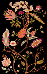 Ikat floral paisley embroidery on black background.geometric ethnic oriental pattern traditional.Aztec style abstract vector illustration.design for texture,fabric,clothing,wrapping,decoration,carpet.