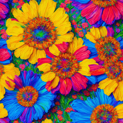 Colorful Psychedelic Seamless Impasto Flowers, 3d Flowers