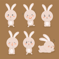 Rabbit in diffetent animal emotions. expression flat vector illustration