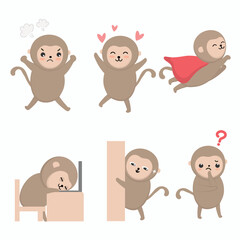 Monkey in diffetent animal emotions. expression flat vector illustration