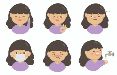 Female in diffetent emotions. expression flat vector illustration