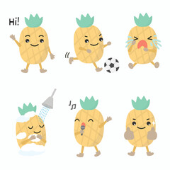 Pineapple character in diffetent emotions. expression flat vector illustration