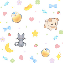 Funny, kawaii, cute background with cat, dog, puppy, bird, candy, moon and stars, pink heart and sweet strawberry children's pattern for fabric, postcard, party, holiday