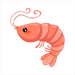 Funny, kawaii, cute pink shrimp, inhabitant of the seas and oceans in a cartoon style, for the design of wallpapers, packaging, children's decors, fabric, textiles, cards on a marine theme