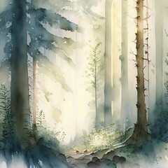 Watercolor Painting of a Serene Forest with Subtle Textures