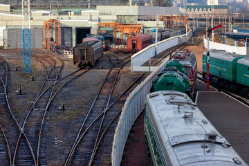 Old trains near the Kyiv railway station. Ukraine.