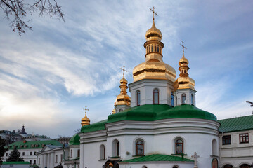 View of the Exaltation of the Cross Church of the Kiev-Pechersk Lavra. The church was built in the 18th century, and it is the most significant building of complex. Kyiv. Ukraine.