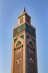 Fototapeta premium View of the minaret details of the Hassan II Mosque in Casablanca. It is largest mosque in Morocco and the one of the largest in the world.