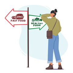 Confused Woman Character Stands At The Crossroads, Contemplating The Choice Between Healthy And Unhealthy Foods