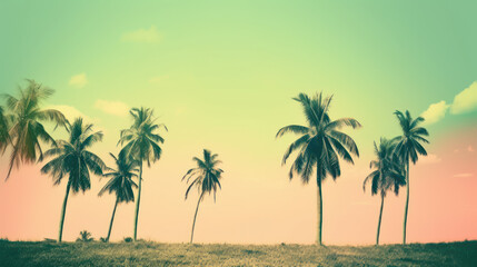 Drawing minimal tropical beach background. Retro tone color style. Summer holiday and travel vacation concept. Generative ai.