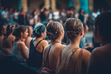 Obraz premium Girls in classic clothes in beautiful dresses with gentlemen are sitting on the seats in the hall in the theater watching the performance on stage. Generative AI.