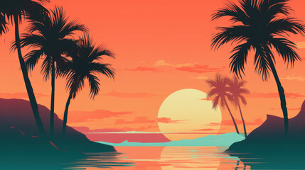 Naklejka na ściany i meble Drawing minimal tropical beach background. Retro tone color style. Summer holiday and travel vacation concept. Generative ai.