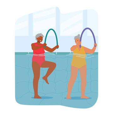 Senior Female Characters Exercising In Pool With Noodles Training Muscle Strength In Supportive Environment Illustration