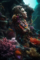 Coral-Encrusted Ancient Sculpture Head in Underwater Setting