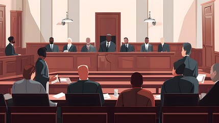 Illustration d'une cour de justice -  courtroom scene with a judge