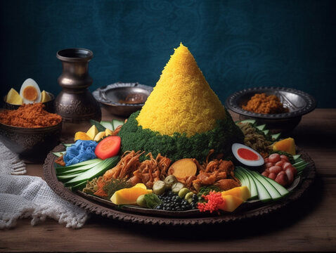 Tumpeng, a traditional dish from Indonesia, consists of rice in a cone shape, surrounded by vegetables and side dishes from fish, egg, to meat.
