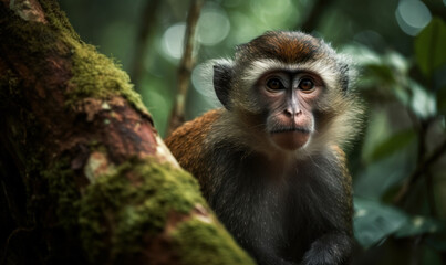 Obraz premium bonnet monkey perched on a tree branch, its body covered in thick fur with a distinctive 