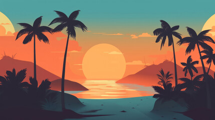 Fototapeta na wymiar Drawing minimal tropical beach background. Retro tone color style. Summer holiday and travel vacation concept. Generative ai.