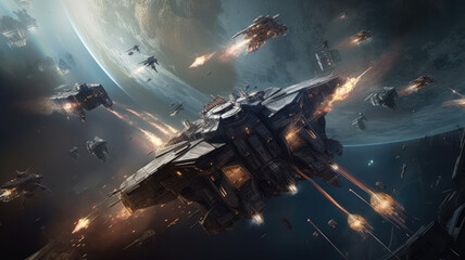 Naklejka premium spaceships in a battle in space created with Generative AI technology