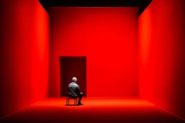 Foto op Canvas Homme assis sur une chaise face à un mur rouge et une porte dans une pièce vide - Générative IA © Concept Photo Studio
