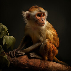 photo of bonnet monkey sitting on a tree branch and dark background. Generative AI