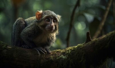 bonnet monkey perched on a tree branch, its body covered in thick fur with a distinctive "bonnet" of hair on its head, lush greenery in the background. Generative AI