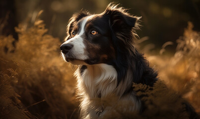 close photo of border collie sitting in tall grass during golden hour. Generative AI