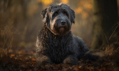 photo of bouvier des Flandres lying in a forest during sunset. Generative AI