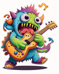 colorful monster cartoon playing guitar. Created with AI tools.