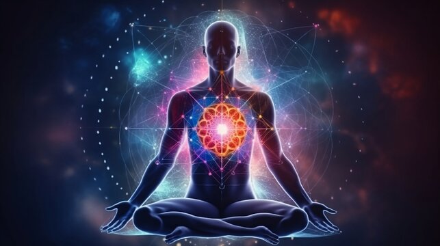 Chakras and astral body pose, mystical inspiration, meditation and spiritual practice, expanding of consciousness. Created using generative AI.