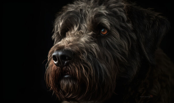 close up photo of bouvier des Flandres on black background. Generative AI