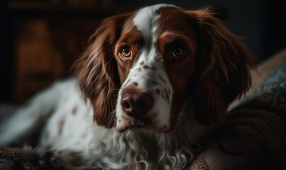 Brittany spaniel on plush sofa, surrounded by soft pillows & warm blankets. natural light filtering through nearby window bathes the scene in warm tones, accentuating cozy atmosphere. Generative AI