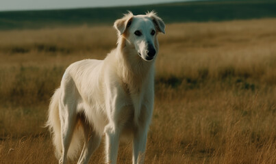 Obraz na płótnie Canvas Borzoi stands tall and regal in grassy field, with its long, silky coat flowing in the breeze. Its sharp eyes are focused intently on something in the distance, perhaps a prey animal. Generative AI