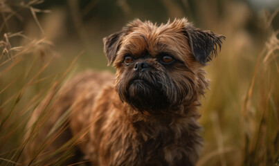 Brussels griffon in a grassy meadow. The vibrant, natural light creates a soft, warm glow. This breathtaking image immortalizes the lively spirit and lovable charm of the breed. Generative AI.
