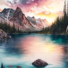 Fototapeta na wymiar Stunning view of Emerald Lake in rocky mountain national park, sunset glow on the mountains and clouds, detailed pencil watercolor painting of a tranquil alpine forest full small flowers.