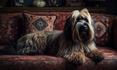 Naklejka na ściany i meble Photo of a majestic Briard as it relaxes in its cozy home environment, posed on a plush couch, surrounded by comfortable pillows and blankets, conveying a sense of warmth and comfort. Generative AI