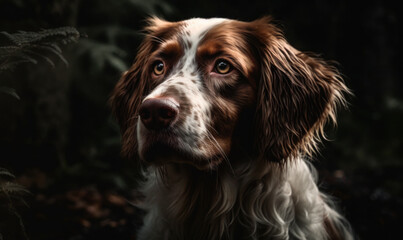 close up photo of Brittany spaniel on dark forest background. Generative AI