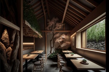 Fototapeta na wymiar interior of an oriental restaurant, japanese style, sushi restaurant. Generative AI