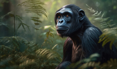 bonobo in its natural habitat, surrounded by lush green vegetation with distinctive dark face, long hair, and lanky limbs. Its expressive eyes gaze off into the distance. Generative AI - obrazy, fototapety, plakaty
