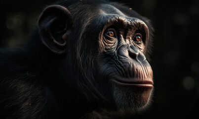 close up photo of bonobo on dark background. Generative AI