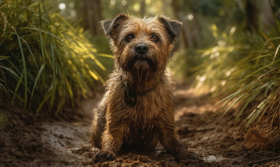 photo of border terrier on a muddy forest path. Generative AI