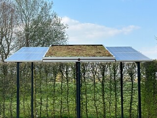 Obraz premium Solar panels with green roof. The combination of solar panels and green roofing is a great example of ecosystem equipment in a residential environment. Appeltern, Netherlands