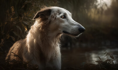 Obraz premium close up photo of borzoi on forest background. Generative AI