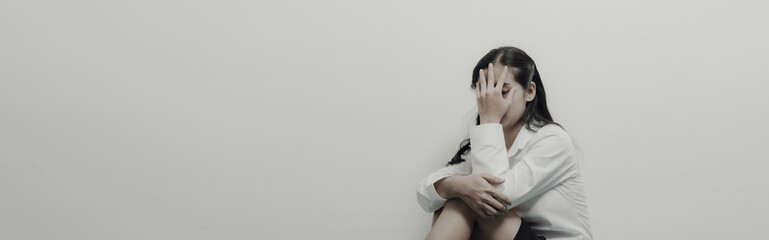Fototapeta premium Depression anxiety woman asian chinese people feeling sad tired and worried, problems and broken heart concept.